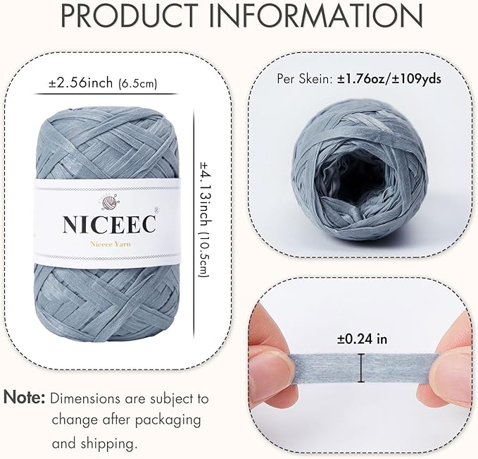 NICEEC 2 Skeins Soft Tape Yarn for Crocheting Craft Paper Yarn Easy Crochet Raffia Yarn Ribbon Yarn for DIY Craft Gift Wrapping Total Length 1.76oz×2/109yds×2-Dusty Blue