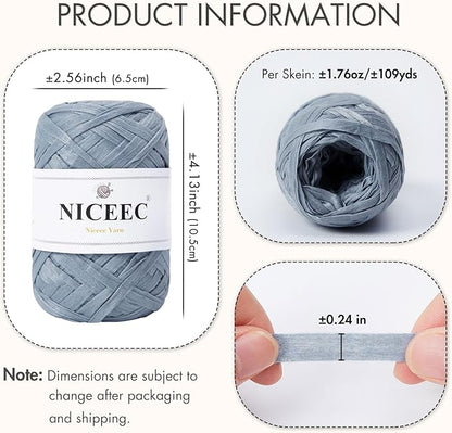 NICEEC 6 Skeins Soft Tape Yarn for Crocheting Craft Paper Yarn Easy Crochet Raffia Yarn Ribbon Yarn for DIY Craft Gift Wrapping Total Length 1.76oz×6/109yds×6-Dusty Blue