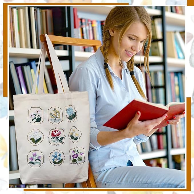 SUPBRAIN Embroidery kit, Canvas Tote Bag Embroidery Kit, Include Stamped Flower Pattern, Hoop, Color Threads and Tool, Suitable for Beginners, Adults Arts and DIY Crafts Kits (White)