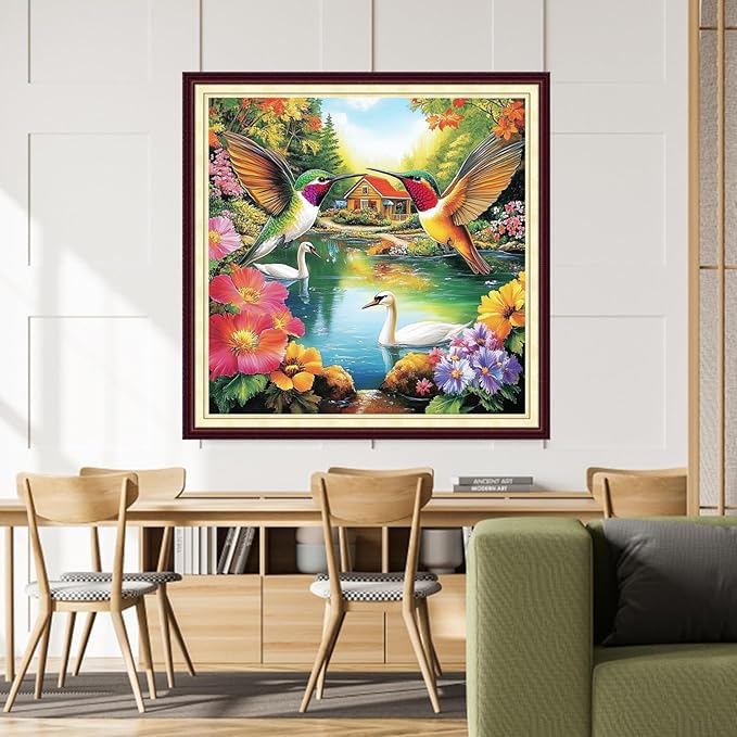 DMCCRAFT Stamped Cross Stitch Kits for Adults 11CT Printed Cross-Stitch Patterns Embroidery Kits Easy Cross Stitching Needlepoint Kits&Hummingbird Swan 18x18 inch