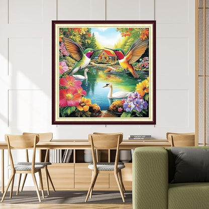 DMCCRAFT Stamped Cross Stitch Kits for Adults 11CT Printed Cross-Stitch Patterns Embroidery Kits Easy Cross Stitching Needlepoint Kits&Hummingbird Swan 18x18 inch