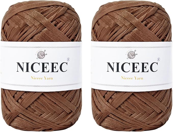 NICEEC 2 Skeins Soft Tape Yarn, Easy Crohcet Raffia, Crochet & Knitting, Paper Ribbon Yarn for DIY Craft Gift Wrapping Total Length 1.76oz×2/109yds×2 - Chocolate