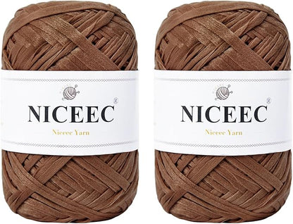 NICEEC 2 Skeins Soft Tape Yarn, Easy Crohcet Raffia, Crochet & Knitting, Paper Ribbon Yarn for DIY Craft Gift Wrapping Total Length 1.76oz×2/109yds×2 - Chocolate