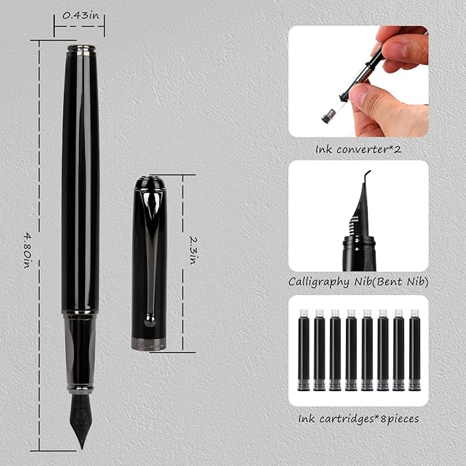 Zalantan Fountain Pen-Smooth Writing Metal Water Pen with Gift Case Fine Nib Consistent Ink Flow Luxury Pen for Nice Pens Includes a Calligraphy Nib 8 Cartridges a Ink Refill Converter(Grey)