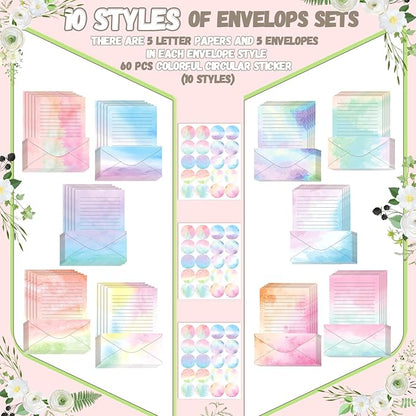 TaoBary 160 Pcs Stationery Paper Set 50 Double Sided Stationery Papers with 50 Matching Envelopes and 60 Round Dot Sticker, 10 Design(Watercolor,8.5 x 11 Inch)