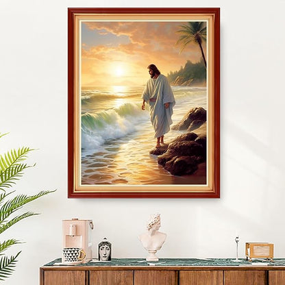 Funart Stamped Cross Stitch Kits for Beginners Full Range of Cross Stitching Preprinted Embroidery Kits for Adults, 11CT Embroidery Pattern Needlepoint Kits-Jesus by Seaside 16x20 inchs