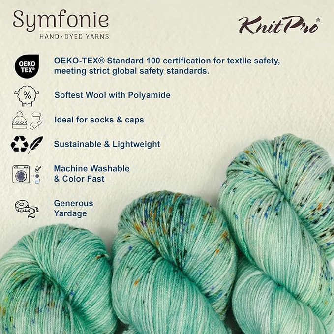 KnitPro Symfonie Hand Dyed Yarn | Extra Fine Merino Wool & Polyamide Blend for Knitting & Crocheting, Fingering Weight, Oeko-TEX Certified 400m, 100g Skein | Terra Variegated Mint Sky
