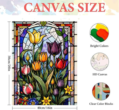 Floral Paint By Numbers Kit For Adults - Diy Stained Glass Tulips Painting On Canvas 16X20 Inches, Acrylic Paint Set, Suitable For Beginners, Wall Decor Art For Home Decoration Or Gifts， Unframed - Image 2
