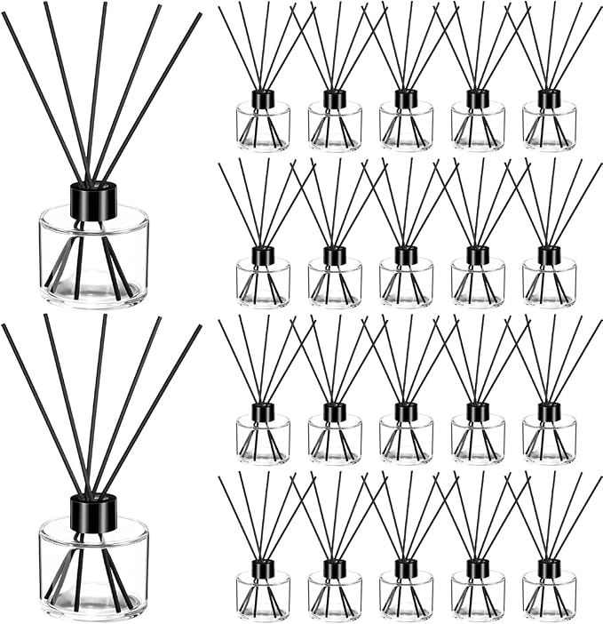 Chunful 20 Sets Reed Diffuser Bottle Empty Refillable Fragrance Glass Diffuser Bottles 100ml Round Glass Jars with Black Caps and Rattan Sticks for Living Room Home Replacement Fragrance DIY Decor