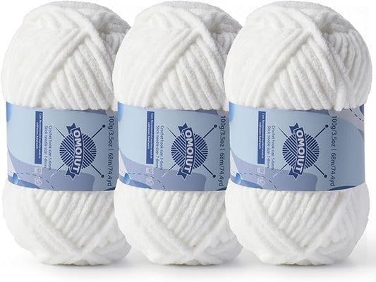 Chunky Chenille Yarn for Crocheting，Baby Yarn for Crocheting Soft Blankets，Bulky Yarns for Crochet Amigurumi，3×100g (3×74.3yds) Fluffy Velvet Yarns for Hand Knitting (3 White)