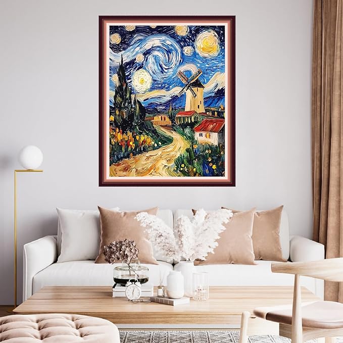 Fanxvivy Stamped Cross Stitch Kits for Beginners Full Range of Cross Stitching Preprinted Embroidery Kits for Adults, 11CT Embroidery Pattern Needlepoint Kits-Van Gogh Starry Sky Windmill 16x20 inch