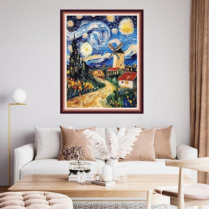 Fanxvivy Stamped Cross Stitch Kits for Beginners Full Range of Cross Stitching Preprinted Embroidery Kits for Adults, 11CT Embroidery Pattern Needlepoint Kits-Van Gogh Starry Sky Windmill 16x20 inch