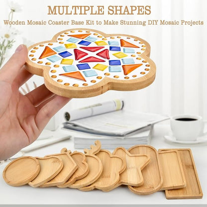 BUYGOO 10Pcs DIY Wooden Mosaic Tiles Coasters Assorted Shapes, Blank Base Trays, Drinking Cup Coaster, Plant Coaster, Art Plate, DIY Mosaic Supplies for Arts and Crafts Home Decor