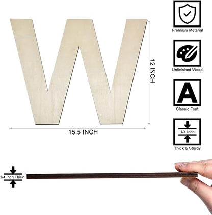 12 Inch Wooden Letter W, 1/4 Inch Thick Large Unfinished Wood Letter for Home Wall Decor, DIY Crafts