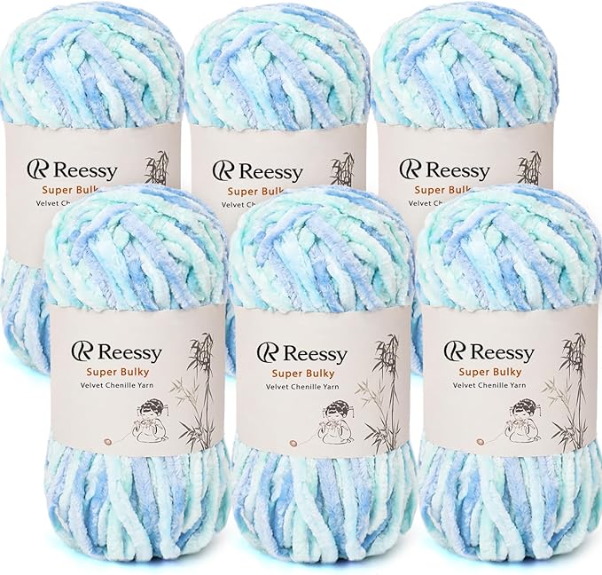 Velvet Chenille Yarn Pack – 6 Skeins × 100g Super Bulky (CYC #6) – Soft Velvet Chunky for Crocheting & Knitting, Fluffy Chenille Yarn for Blankets, Scarves & Crafts (Aqua Blue)