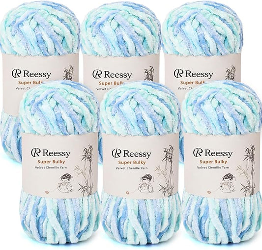 Velvet Chenille Yarn Pack – 6 Skeins × 100g Super Bulky (CYC #6) – Soft Velvet Chunky for Crocheting & Knitting, Fluffy Chenille Yarn for Blankets, Scarves & Crafts (Aqua Blue)
