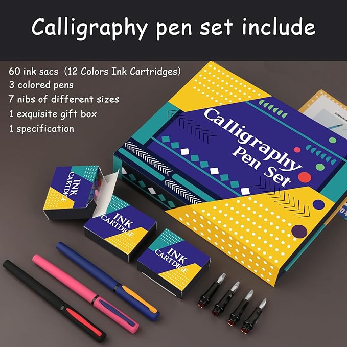 Aifeiter Calligraphy Pen set,Calligraphy Fountain Pens with 7 Different Replaceable Nibs with 60 Ink Cartridges(12 Colors),3 multi-functional color Fountain pens