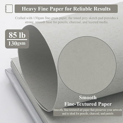 SuFly Gray Toned Sketch Pad, 11" x 14" - 60 Sheets Spiral Bound Sketchbook, 85lb/130gsm Toned Gray Paper for Graphite, Charcoal, Colored Pencils and Gel Pens.