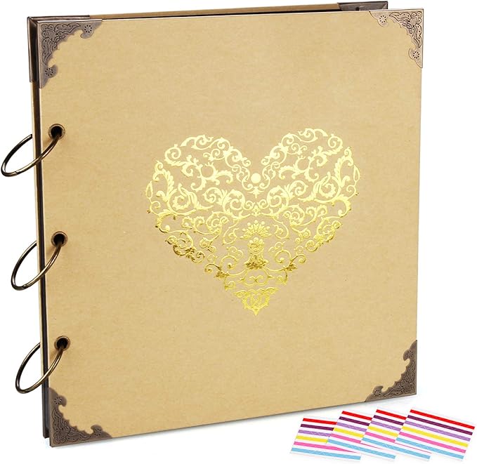 ADVcer Photo Album DIY Scrapbook, 10x10 inch 50 Pages Double Sided, Vintage Hardcover Three-Ring Binder Picture Booth with 408pcs 6 Colors Self Adhesive Photos Corners (Champagne, Gold Blocking Heart)