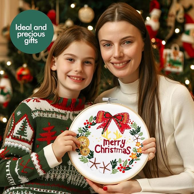 Christmas Embroidery Kits: 1 Pack Cross Stitch Kit for Beginners Adults, DIY Ornaments Craft Kit with All Tools & Instructions, Stamped Hand Embroidery Starter Kit for Holiday Crafts & Xmas Home Decor