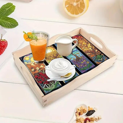 DoxQcs DIY Diamond Art Wooden Tray Kit Easter Food Tray with Handle Diamond Painted Table Decoration Tray for Breakfast Bar Dinner Table Diamond Art Painting for Beginners-#15-Four Seasons Scenery