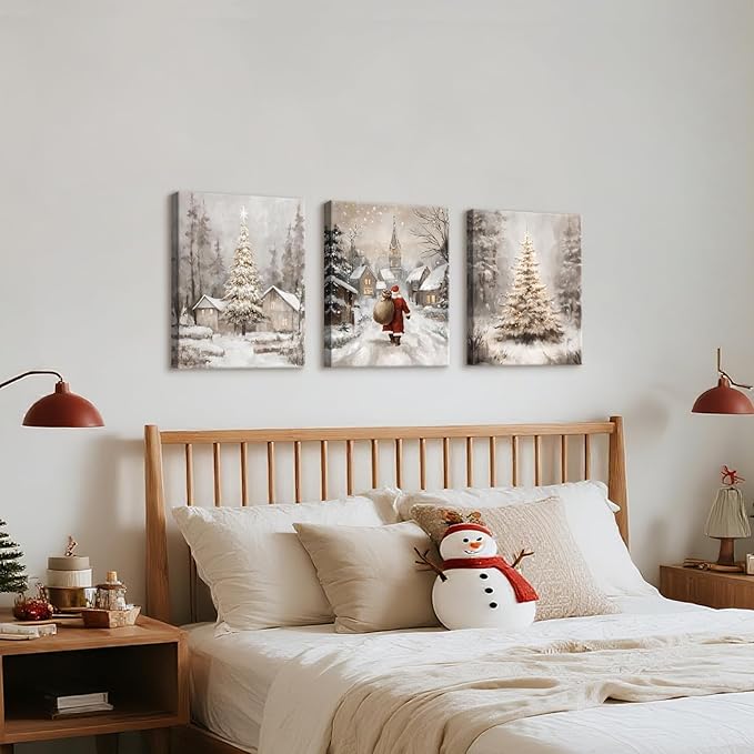 3Pcs Winter Snow Scene Canvas Wall Art for Bedroom, Christmas Pine Trees Landscape Wall Picture Retro Cabin Snowy Canvas Art Prints Painting Country Nature Wall Decor for Living Room Kitchen 12"x16"X3