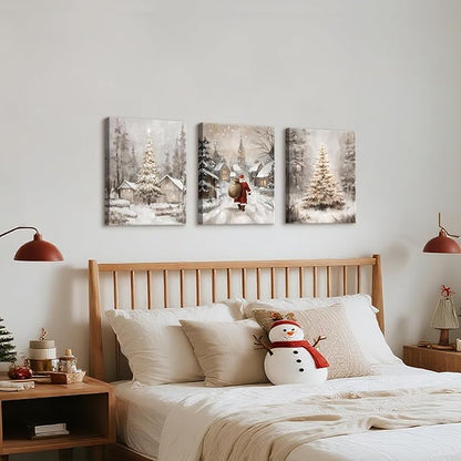 3Pcs Winter Snow Scene Canvas Wall Art for Bedroom, Christmas Pine Trees Landscape Wall Picture Retro Cabin Snowy Canvas Art Prints Painting Country Nature Wall Decor for Living Room Kitchen 12"x16"X3