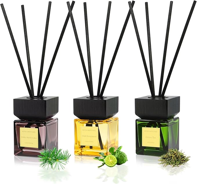 Aeeteek Reed Diffuser Set of 3, White Birch Cedar & Oud Bergamot & Green Tea Tree Essential Oil, 15 Diffuser Sticks, Hotel Collection Bathroom Air Fresheners, 50ml Home Fragrance for Christmas Decor