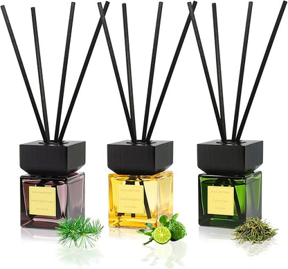 Aeeteek Reed Diffuser Set of 3, White Birch Cedar & Oud Bergamot & Green Tea Tree Essential Oil, 15 Diffuser Sticks, Hotel Collection Bathroom Air Fresheners, 50ml Home Fragrance for Christmas Decor