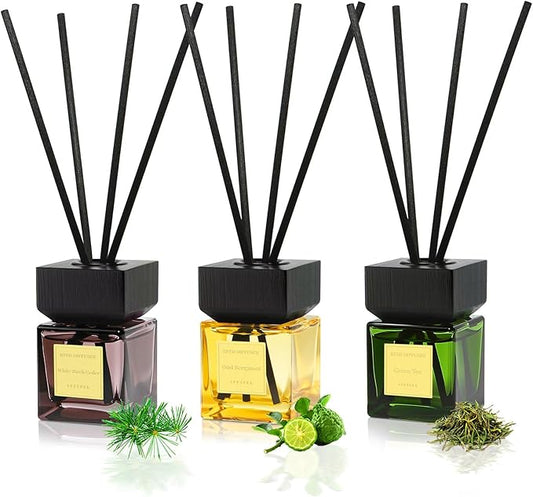 Aeeteek Reed Diffuser Set of 3, White Birch Cedar & Oud Bergamot & Green Tea Tree Essential Oil, 15 Diffuser Sticks, Hotel Collection Bathroom Air Fresheners, 50ml Home Fragrance for Christmas Decor