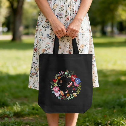 ERKOON Canvas Tote Bag Embroidery Kit for Beginners, Floral Arts Crafts Cross Stitch Kits for Adults Including Stamped Embroidery Bag with Hoops, Needle, Instruction and Color Threads(Wreath)
