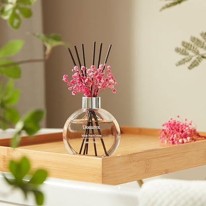 Donurex Flower Reed Diffuser Set 5.07oz White Peach & Oolong Scent Diffuser with Sticks Home Fragrance Reed Diffuser for Bathroom Shelf Decor