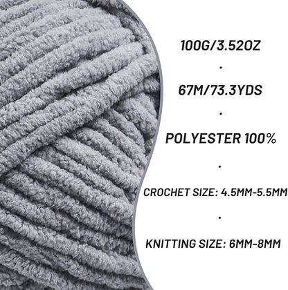 Chunky Chenille Yarn for Crocheting，Baby Yarn for Crocheting Soft Blankets，Bulky Yarns for Crochet Amigurumi，100g (74.3yds) Fluffy Velvet Yarns for Hand Knitting (Light Gray)