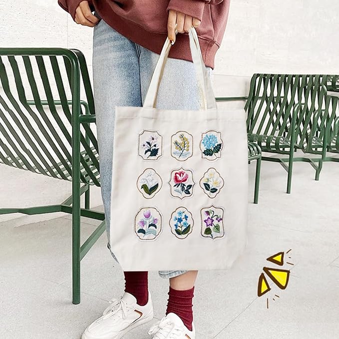 SUPBRAIN Embroidery kit, Canvas Tote Bag Embroidery Kit, Include Stamped Flower Pattern, Hoop, Color Threads and Tool, Suitable for Beginners, Adults Arts and DIY Crafts Kits (White)