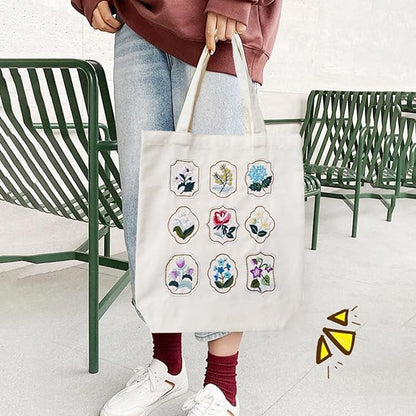 SUPBRAIN Embroidery kit, Canvas Tote Bag Embroidery Kit, Include Stamped Flower Pattern, Hoop, Color Threads and Tool, Suitable for Beginners, Adults Arts and DIY Crafts Kits (White)
