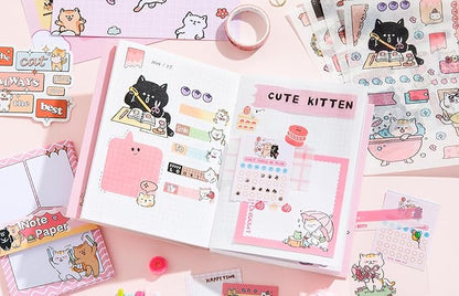 Draupnir Kawaii Pink Cute Cat Scrapbook Kit, Bullet Junk Journal Kit with Journaling/Scrapbooking Supplies, Stationery, A6 Grid Notebook Graph Ruled Pages.DIY Gift for Teen Girl Kid Women.