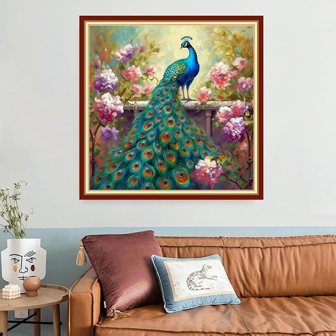 Funart Stamped Cross Stitch Kits for Beginners Full Range of Cross Stitching Preprinted Embroidery Kits for Adults, 11CT Embroidery Pattern Needlepoint Kits-Blue Peacock 18x18 inchs