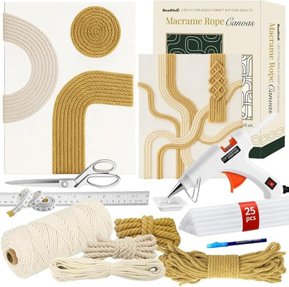 Macrame Kit for Beginners - DIY Rope Canvas Wall Art Kit with Ropes Supplies & Tools | DIY Macrame Art Wall Hanging Decor Starter Set, Craft Kits for Adults, Boho Aesthetic Home Decoration (Khaki)