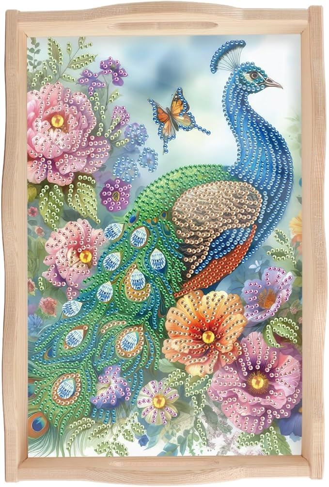 JISHSHAY Diamond Art Serving Tray Diamond Painting Food Tray Gem Art Serving Platter Gem Painting Mosaic Kits for Adults DIY Kits for Adults, with Wood Handle 20×30cm/7.87×11.81in, Peacock