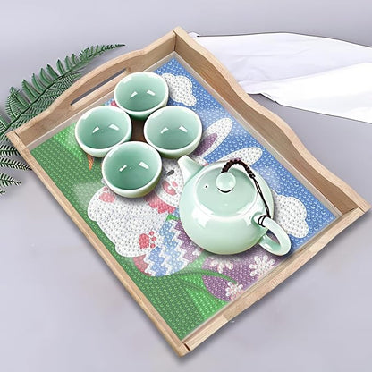FGbaby DIY 5D Easter Bunny Diamond Painting Wood Serving Tray with Handles Diamond Art Decorative Serving Trays Wooden Tray for Breakfast in Bed, Patio, BBQ, Coffee Table, Party –Great for Lap & Couch