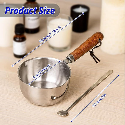 Wooden Handle Wax Melting Pot for Candle Making, Stainless Steel Pouring Pitcher with Spout, Heat-Resistant Handle for Melting Soy Wax, Beeswax, Ideal Candle Making Supplies for Beginners & Pros