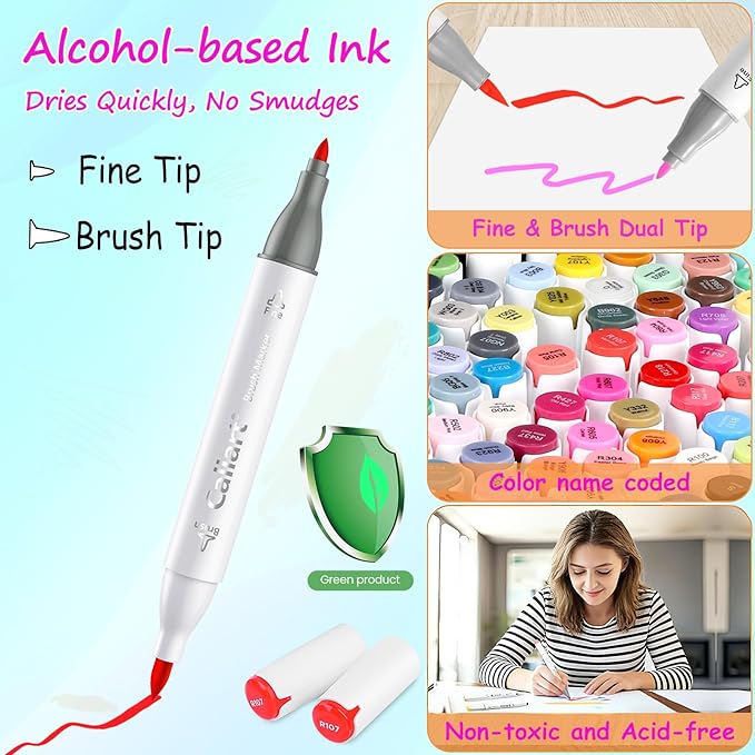 Caliart 121 Colors Alcohol Markers Brush Tip, Dual Tip Artists Coloring Markers Set Brush & Fine, Permanent Alcohol Based Colored Sketch Pens, Art Supplies Gifts for Adults Illustration Drawing