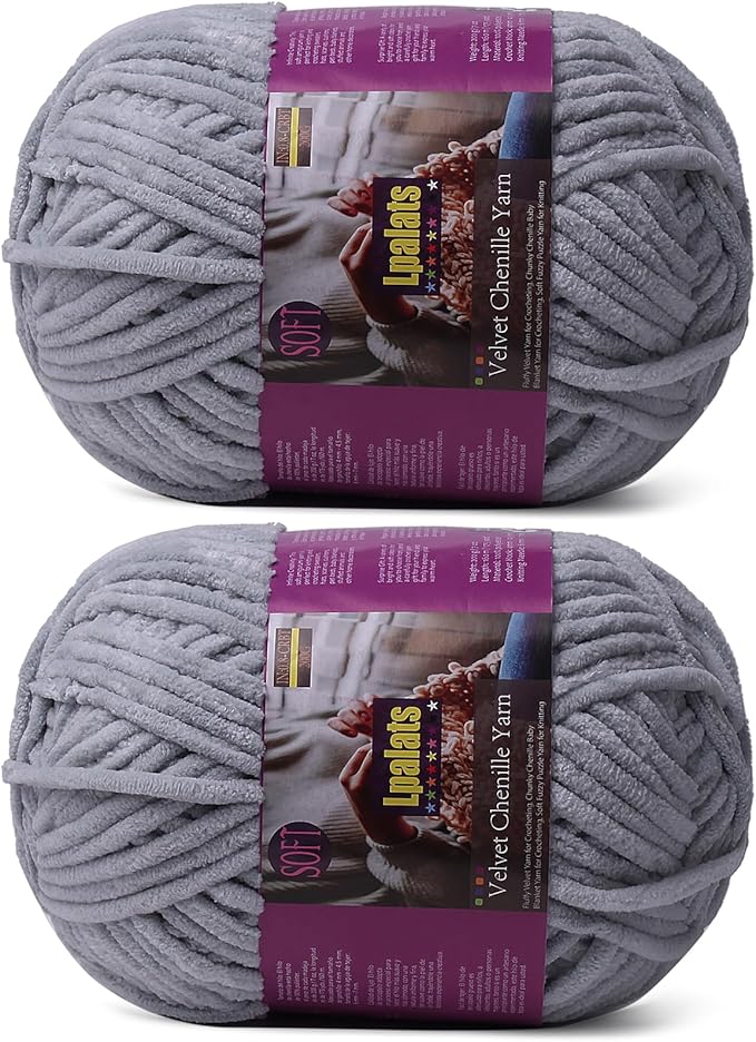 Chunky Chenille Yarn for Crocheting - 2x200g Baby Blanket Yarn for Crocheting Soft - 350 Yards Fluffy Thick Plush Yarns for Knitting Blankets Amigurumi (2, Light Grey)
