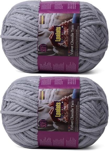 Chunky Chenille Yarn for Crocheting - 2x200g Baby Blanket Yarn for Crocheting Soft - 350 Yards Fluffy Thick Plush Yarns for Knitting Blankets Amigurumi (2, Light Grey)