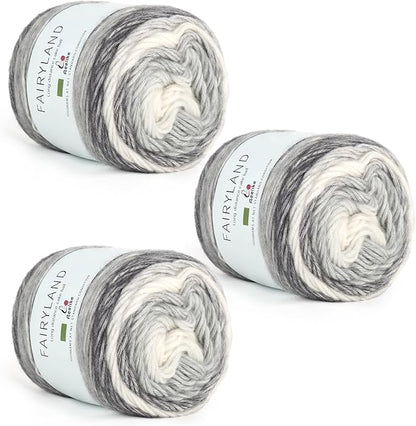 Aeelike Gradient Yarn for Crocheting, 3 Skeins Cake Yarns 100g (3.52 oz) 245m (267 Yards) # 3 Light Weight - Super Soft Ombré Fairyland Yarns for Making Colorful Crafts, Grey White Gradient