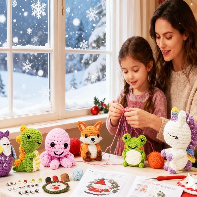 6PCS Crochet Kit for Beginners, Beginners Knitting Kit for Adults, Cute Animals Complete Starter Kit with Step-by-Step Video Tutorials and Instructions, Christmas Gifts for Adults and Friends