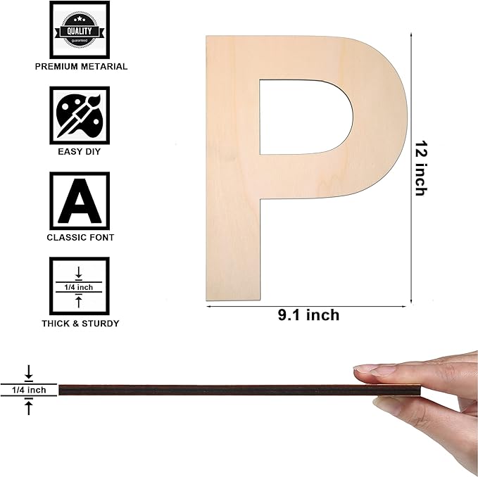 12 Inch Wooden Letter P, 1/4 Inch Thick Large Unfinished Wood Letter for DIY Crafts Home Wall Decor