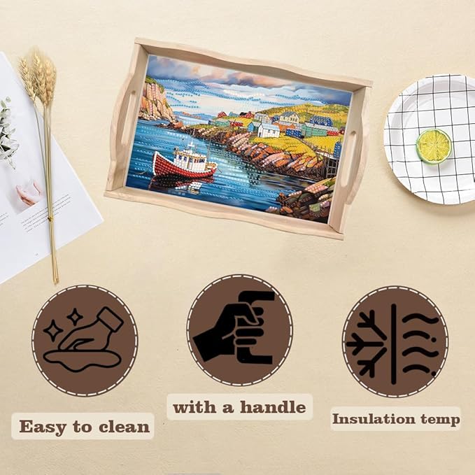 SHLUHA Diamond Art Kits for Adults Diamond Painting Wooden Serving Trays with Handle Food Tray for Party Breakfast Home Decor Gift