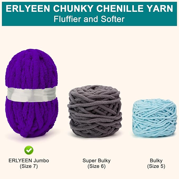 ERLYEEN Chenille Chunky Yarn Super Bulky Soft Thick Fluffy Jumbo Giant Washable Polyester Big Yarn DIY for Arm Knit Blanket Cushion Bed Sofa Home Decor,Purple,0.55LB