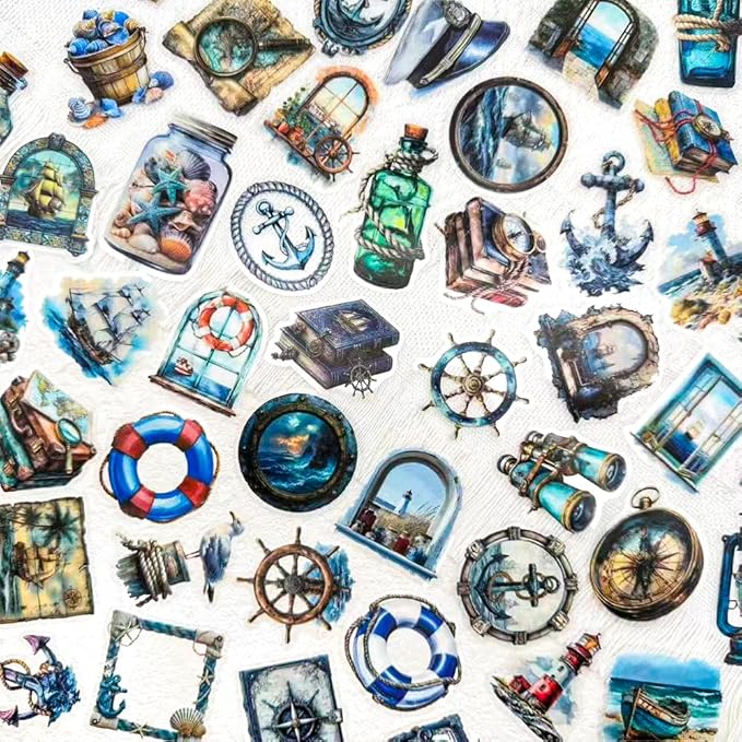 50 PCS Vintage Nautical Clear Scrapbook Stickers – Retro Ocean Sailing Decals with Anchors, Ships, Lighthouses, Helm Wheels, Maps & Marine for Journaling, Crafting, Scrapbooks, Planners & DIY Decor